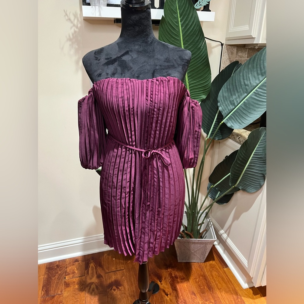 Express Maroon Off Shoulder Puff Sleeve Pleated Trapeze Lined Dress XXS